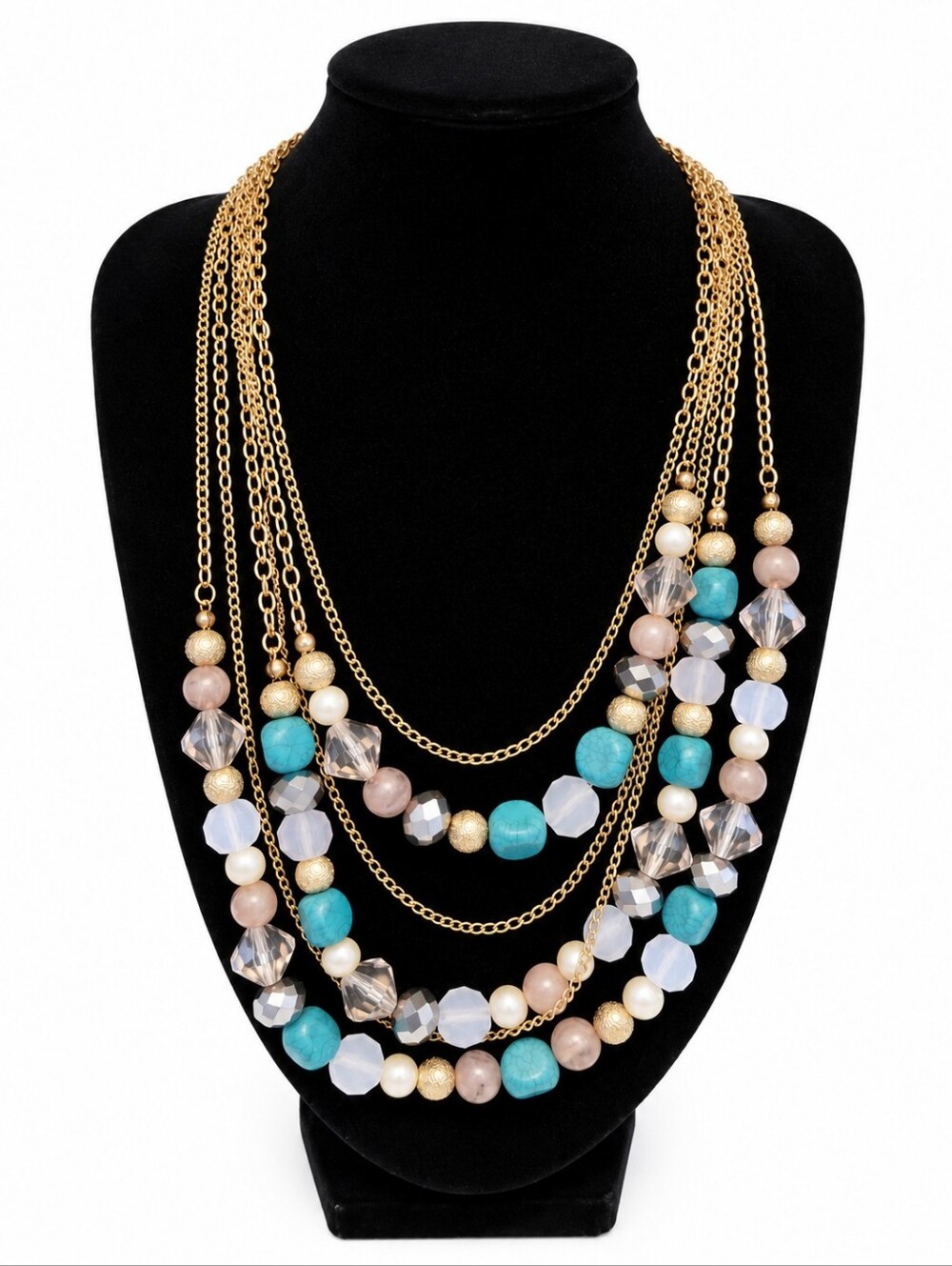 Ashley Cooper NWT Multi Strand Beaded Statement Necklace Gold Turquoise